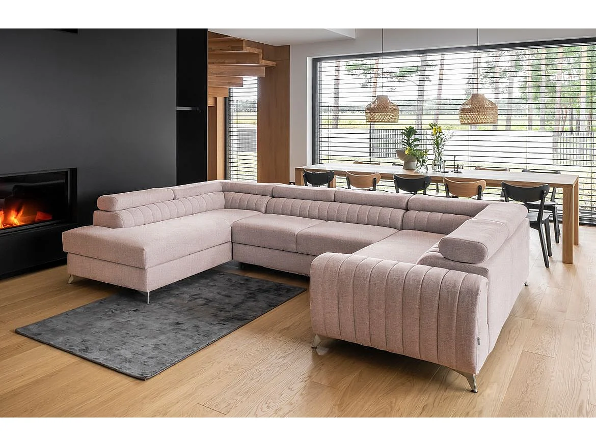 Canapé panoramique convertible LOUVE tissu - Rangement et têtières réglables-Rose clair-Coffre à gauche