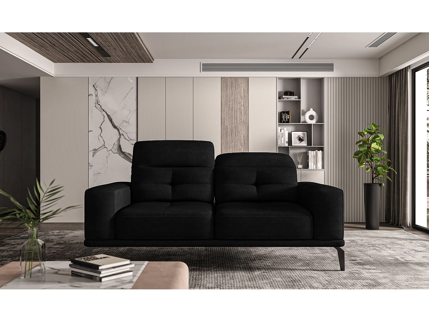 Canapé droit design 2-3 places velours noir Torpille 195cm