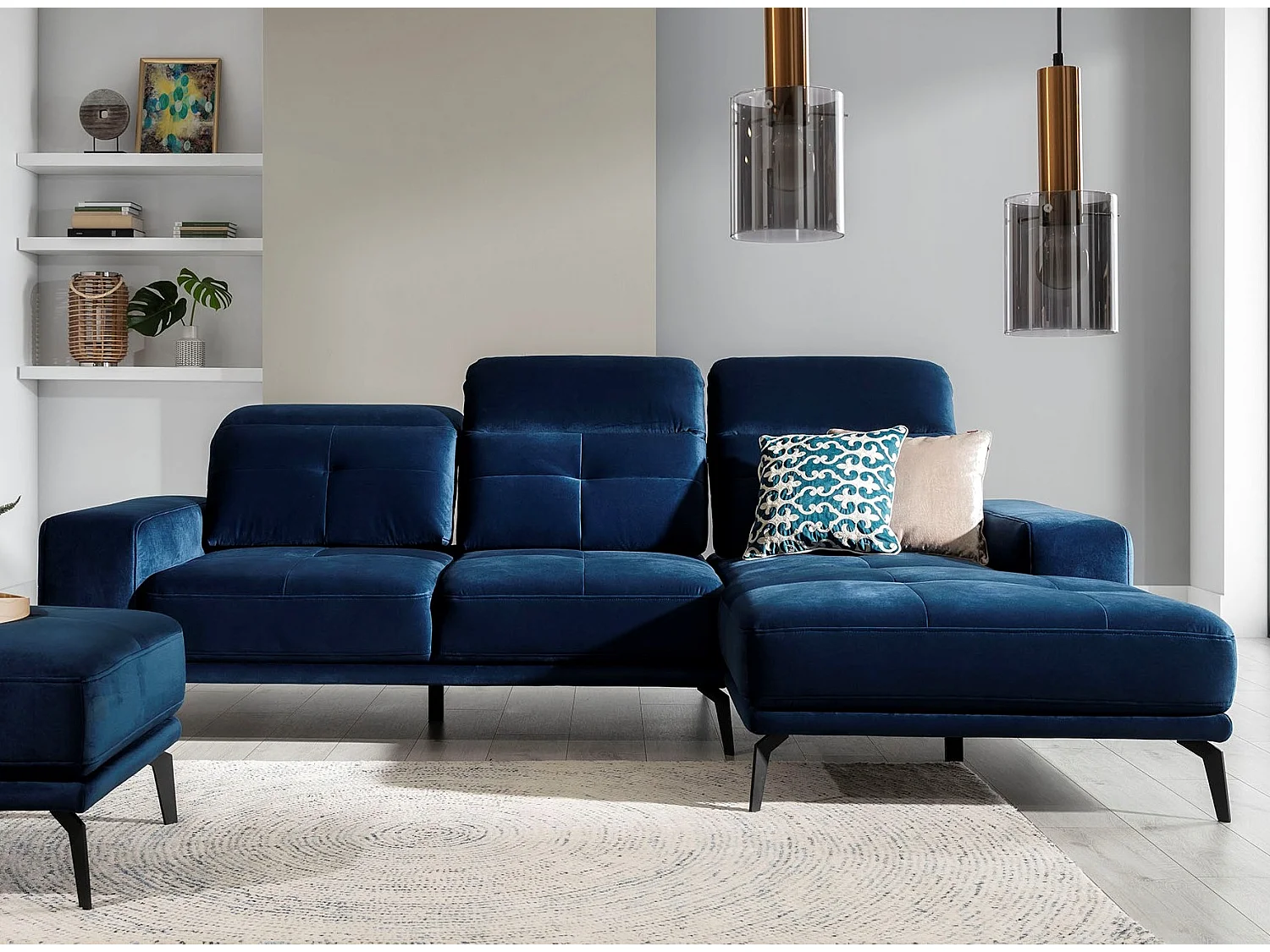 Canapé d'angle droit 5 places velours bleu marine Torpille 265cm