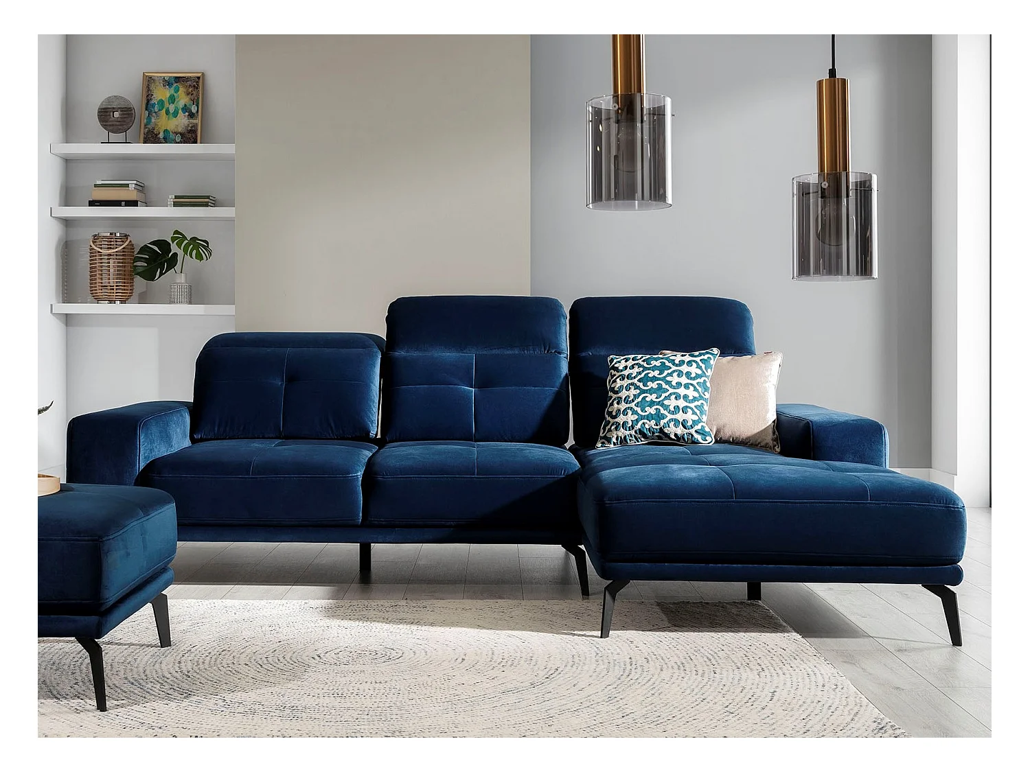 Torpille 5-zits marineblauw fluweel hoekbank rechts 265 cm