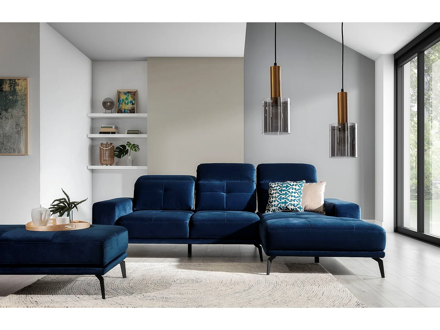 Canapé d'angle droit 5 places velours bleu marine Torpille 265cm