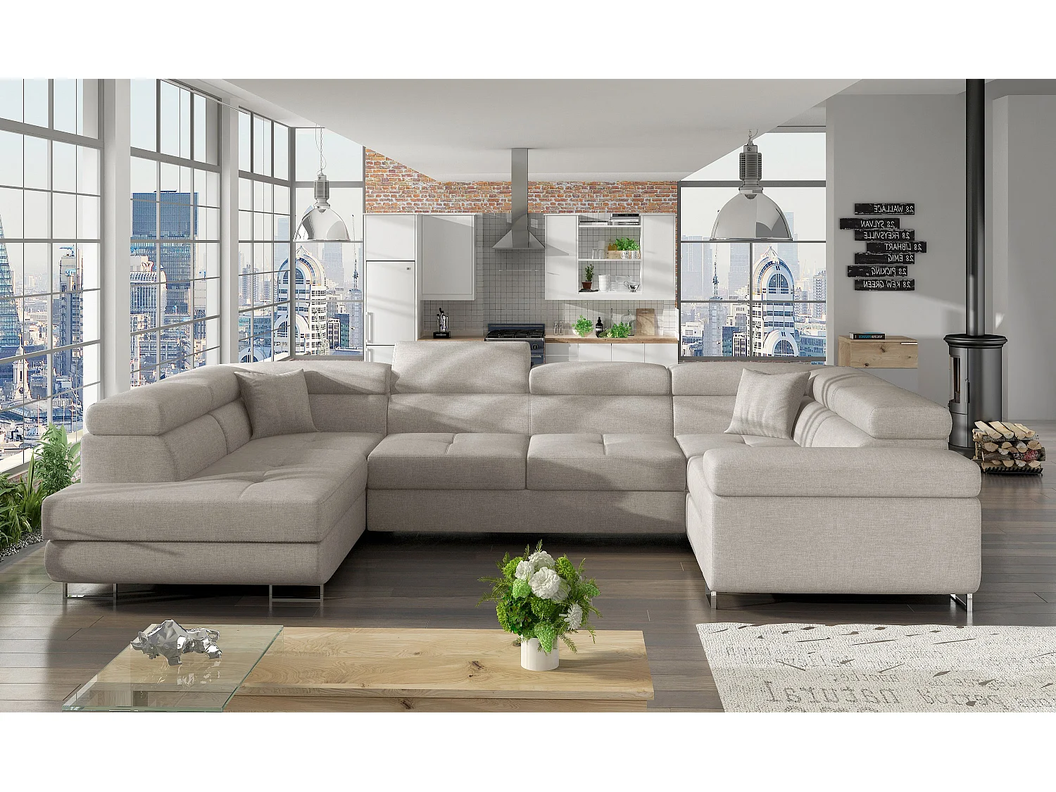 Canapé convertible U gauche tissu beige clair avec coffre de rangement Tovy 340cm