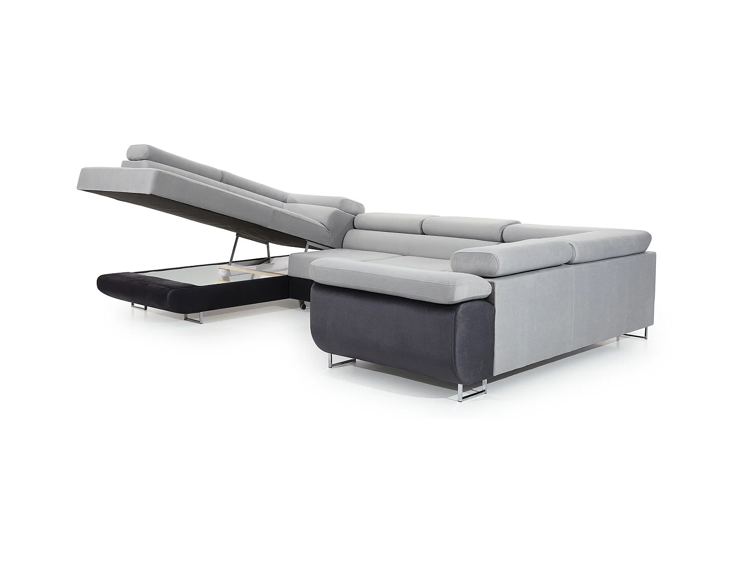 Canapé convertible U gauche tissu beige clair avec coffre de rangement Tovy 340cm