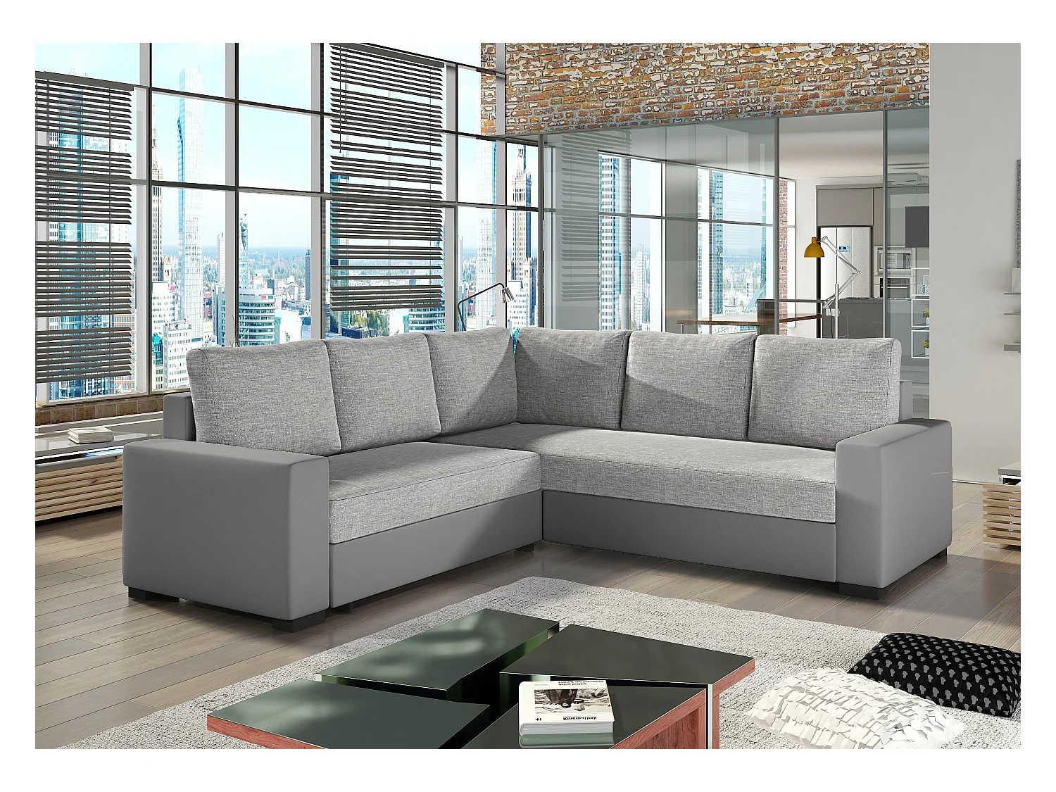 Converteerbare hoekbank in grijze imitatie en lichtgrijze stof Travor 235 cm