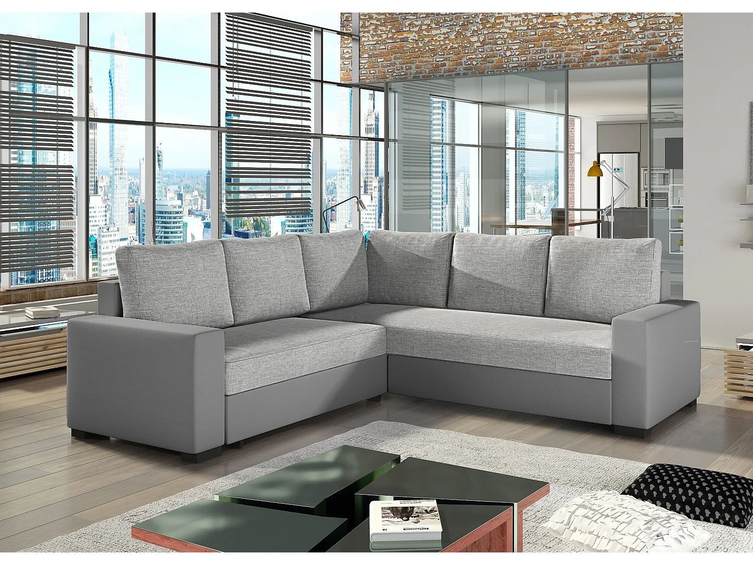 Canapé d'angle convertible simili gris et tissu gris clair Travor 235cm