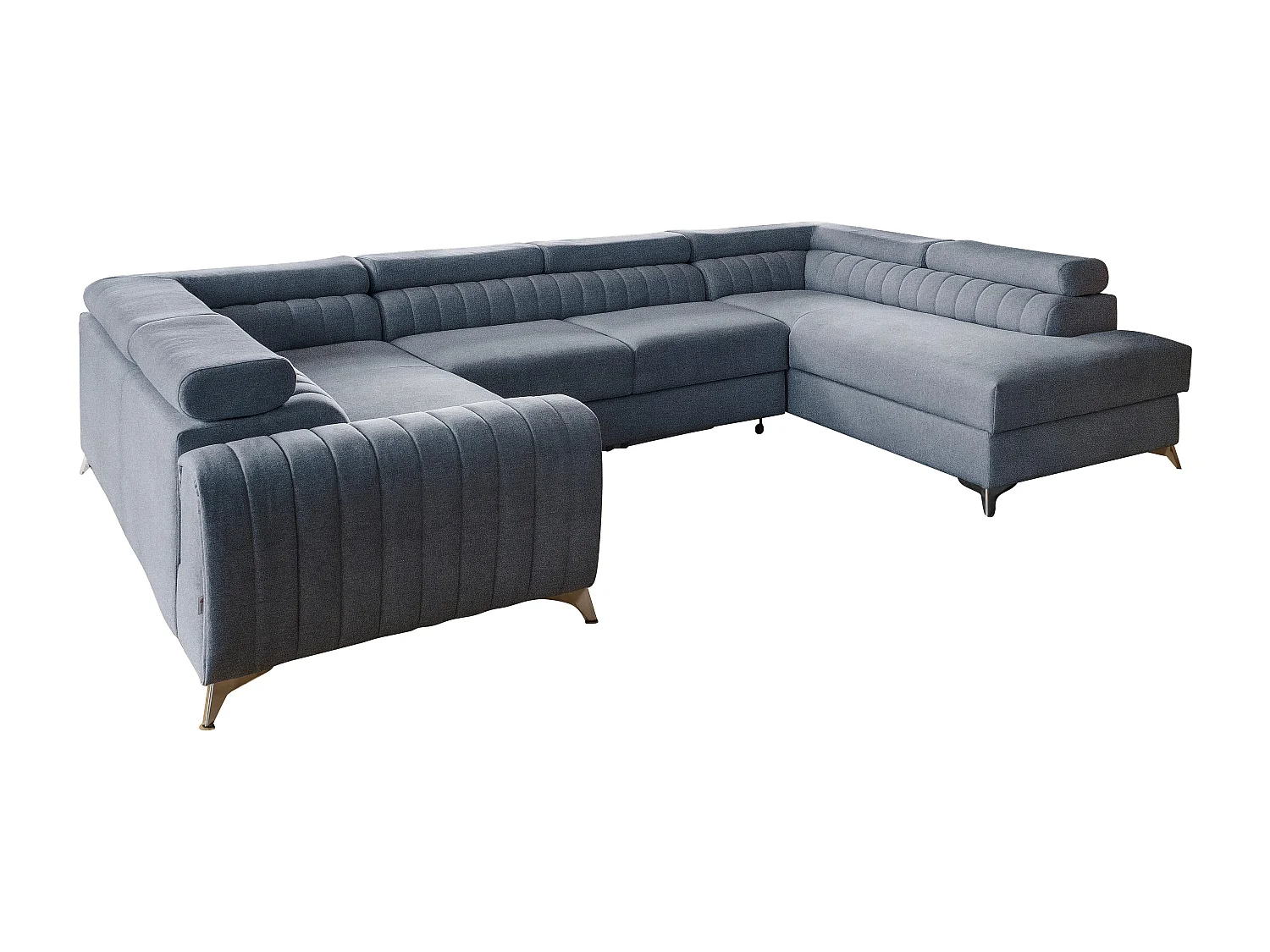 Canapé panoramique convertible tissu bleu charron avec coffre de rangement Louve 340cm-Coffre de rangement à droite