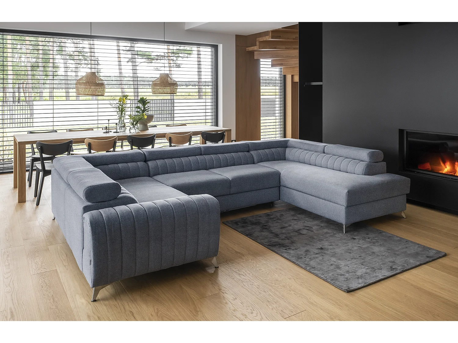 Canapé panoramique convertible tissu bleu charron avec coffre de rangement Louve 340cm-Coffre de rangement à droite
