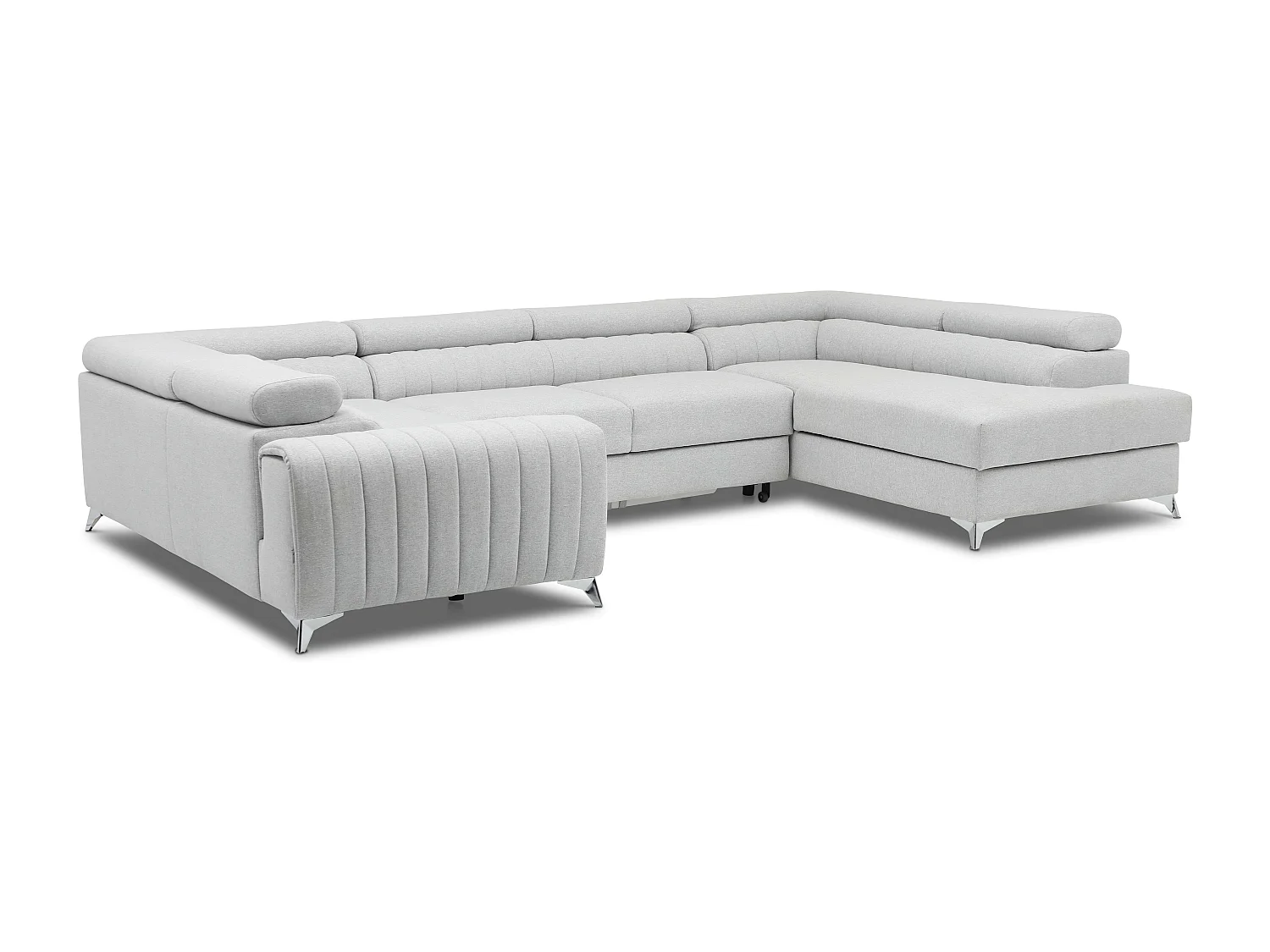 Canapé panoramique convertible tissu bleu charron avec coffre de rangement Louve 340cm-Coffre de rangement à droite