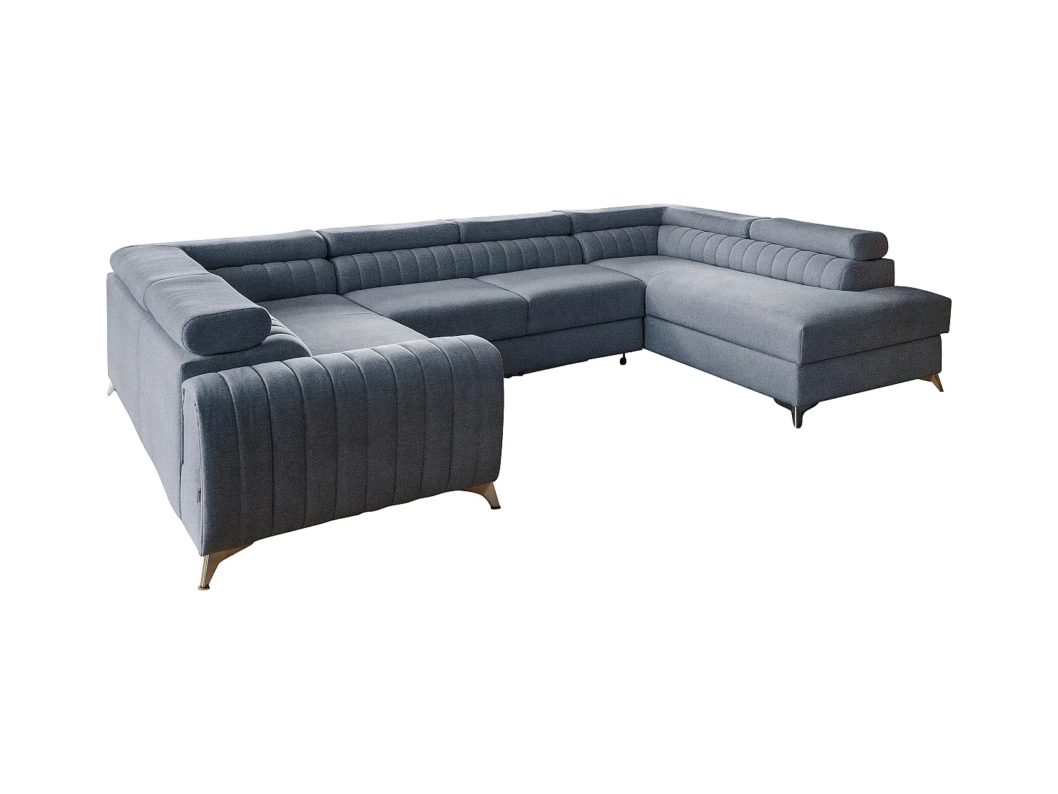 Canapé panoramique convertible tissu bleu charron avec coffre de rangement Louve 340cm-Coffre de rangement à droite