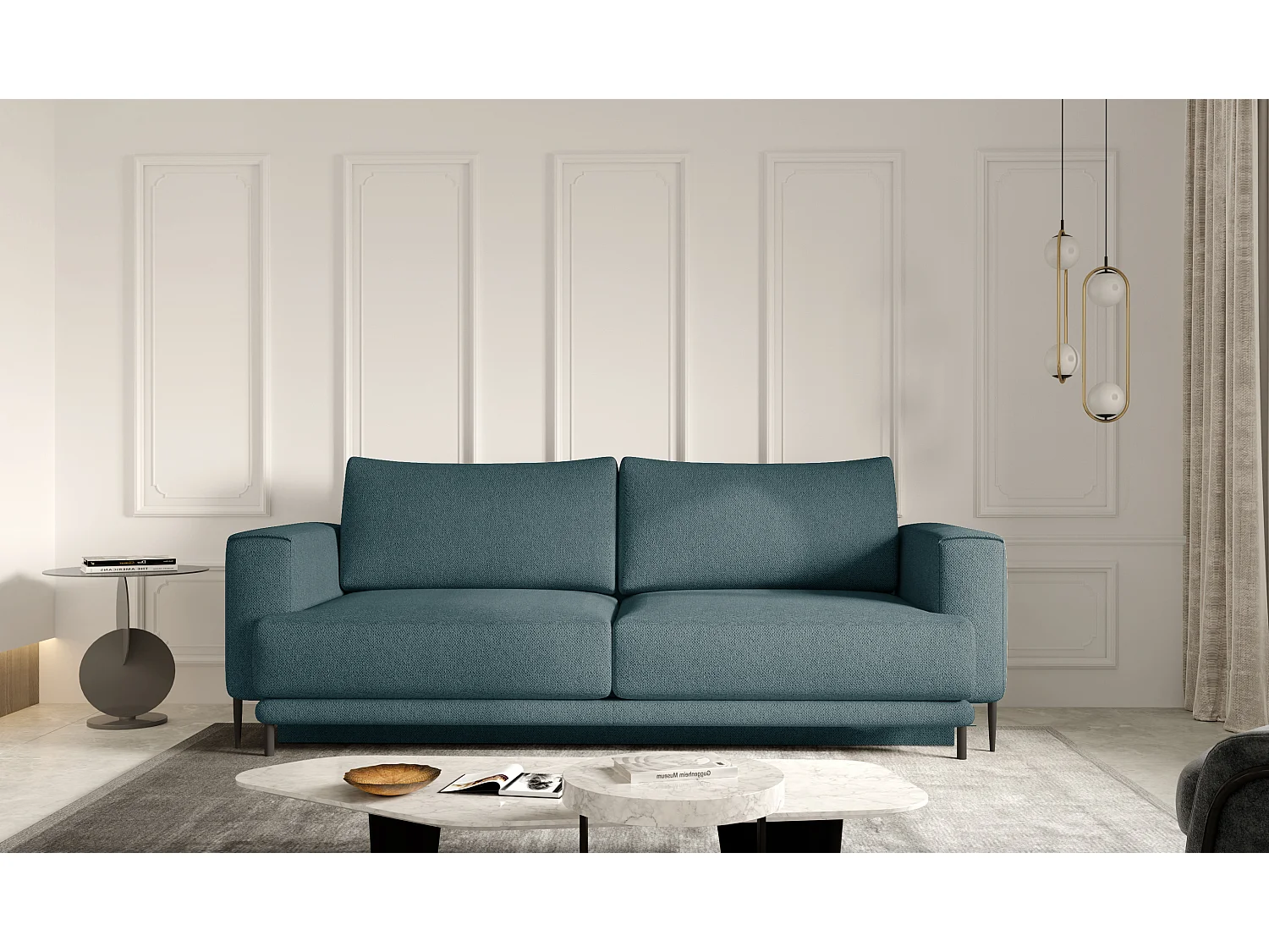 Canapé droit convertible 3 places tissu DAVINA 246cm - Coffre & pieds métal noir-Bleu charrette