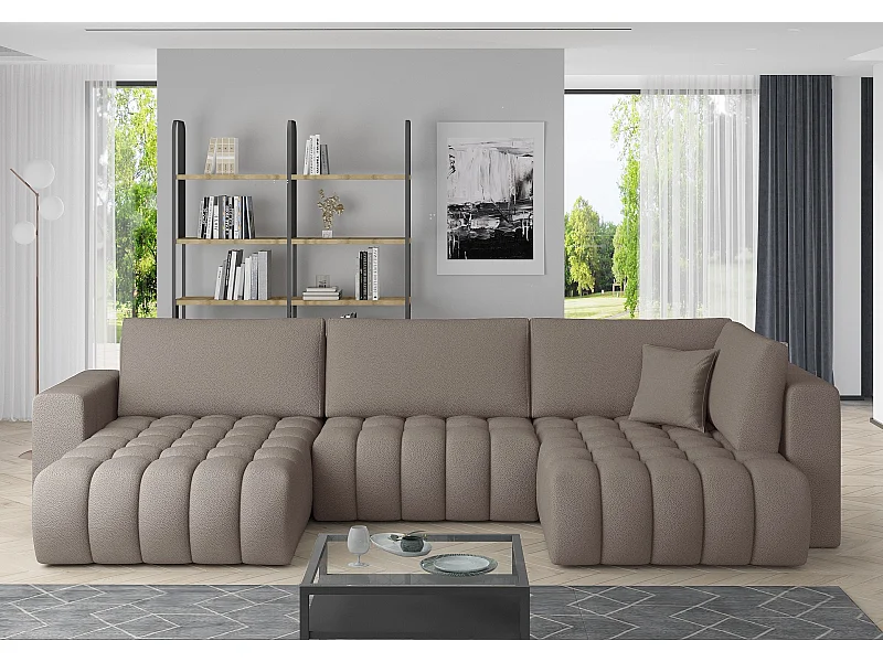 Canapé panoramique convertible design capitonné tissu marron clair méridienne gauche Boston 350cm