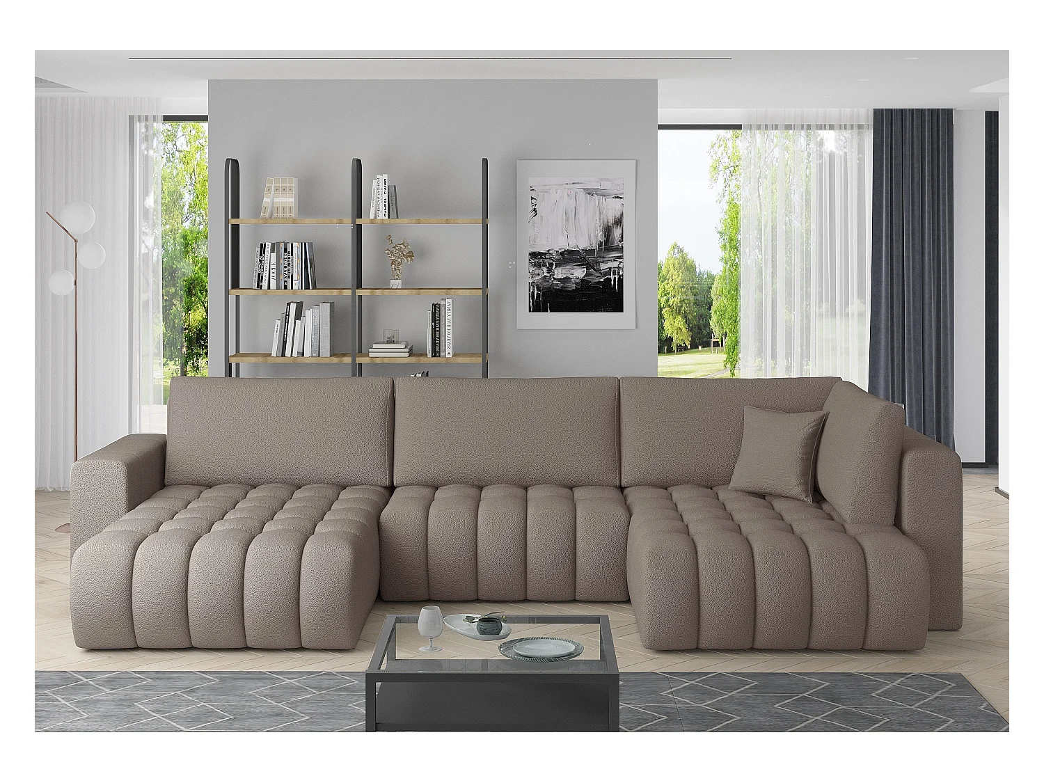 Canapé panoramique convertible design capitonné tissu marron clair méridienne gauche Boston 350cm