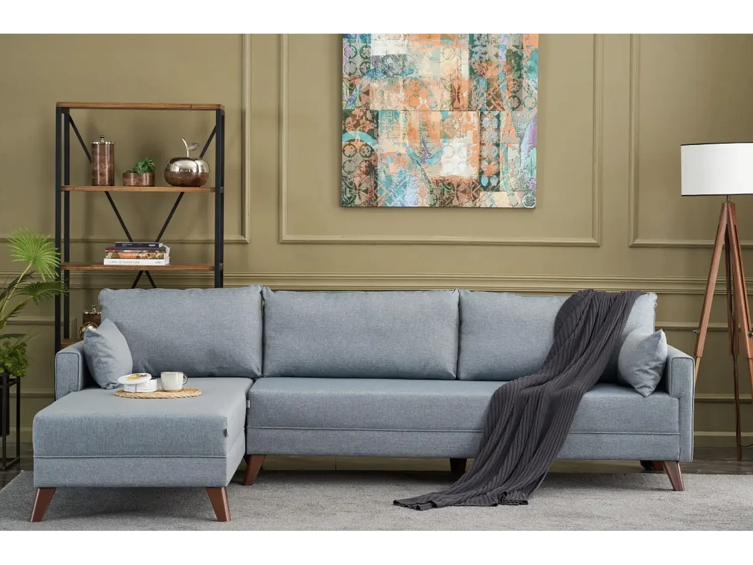 Canapé d'angle gauche 5 places tissu bleu Kandy 275cm