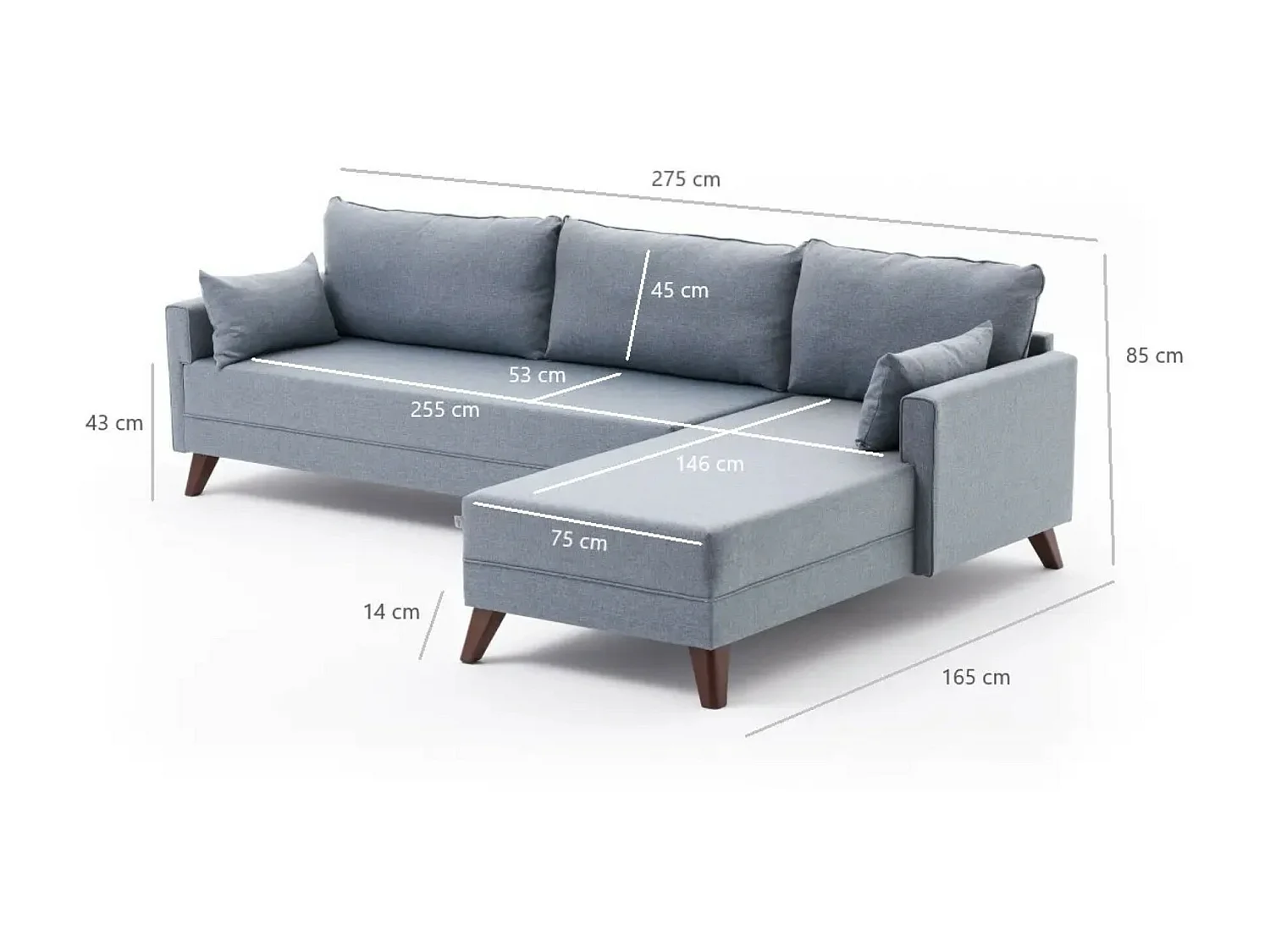 Canapé d'angle gauche 5 places tissu bleu Kandy 275cm