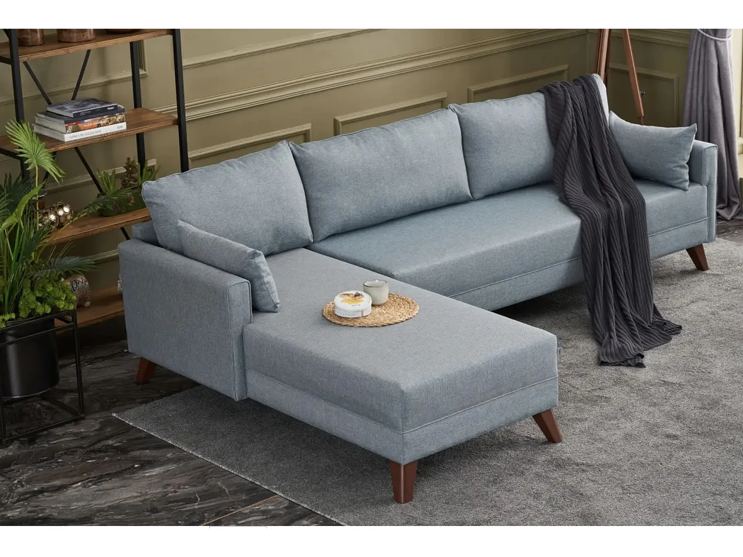 Canapé d'angle gauche 5 places tissu bleu Kandy 275cm