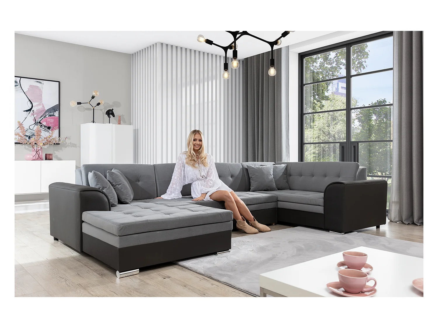 Canapé convertible panoramique velours marron foncé et clair méridienne à gauche Diana 340cm