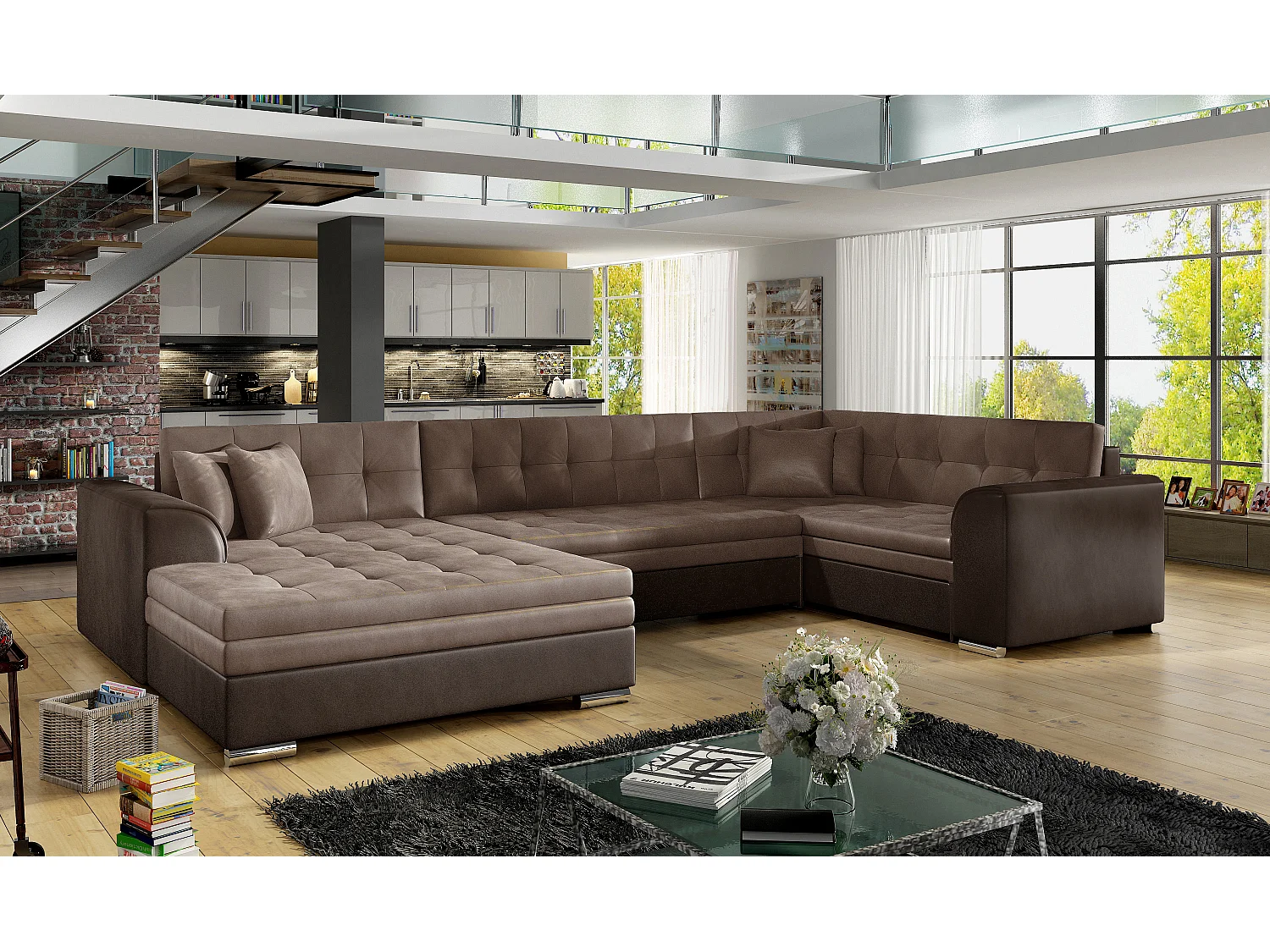 Canapé convertible panoramique velours marron foncé et clair méridienne à gauche Diana 340cm