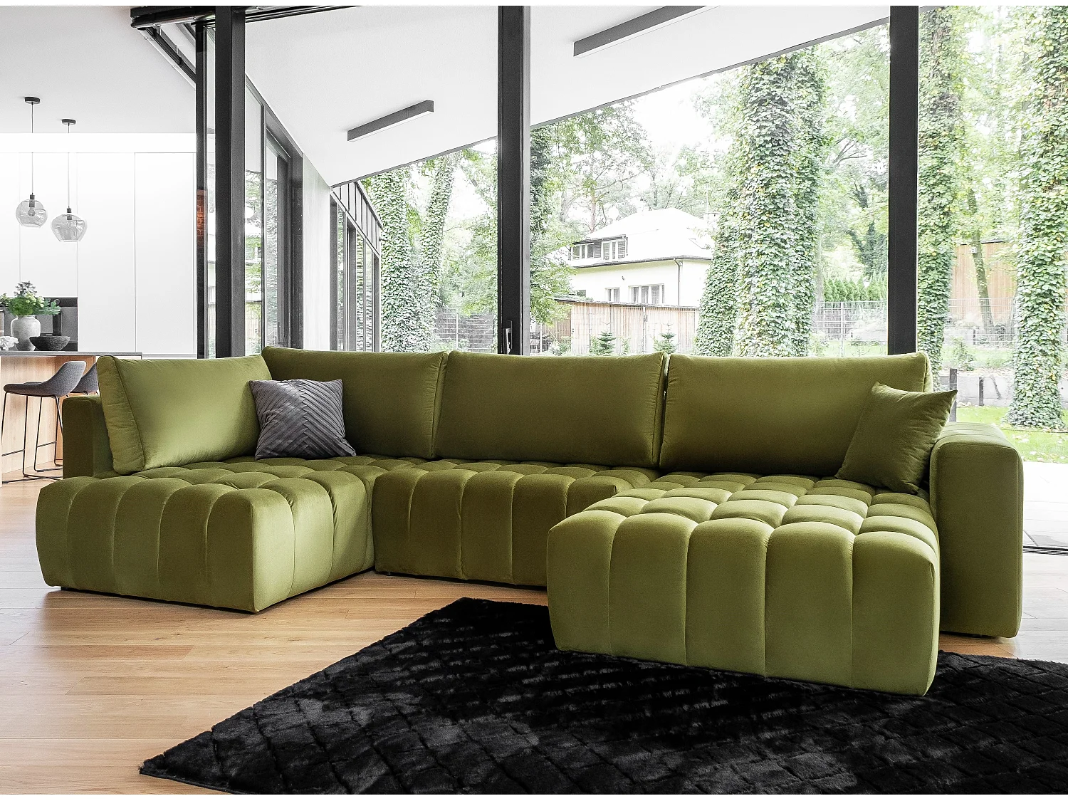 Canapé panoramique convertible design capitonné velours vert kaki méridienne droite Boston 350cm