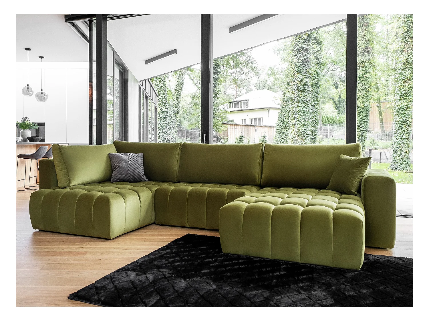 Canapé panoramique convertible design capitonné velours vert kaki méridienne droite Boston 350cm