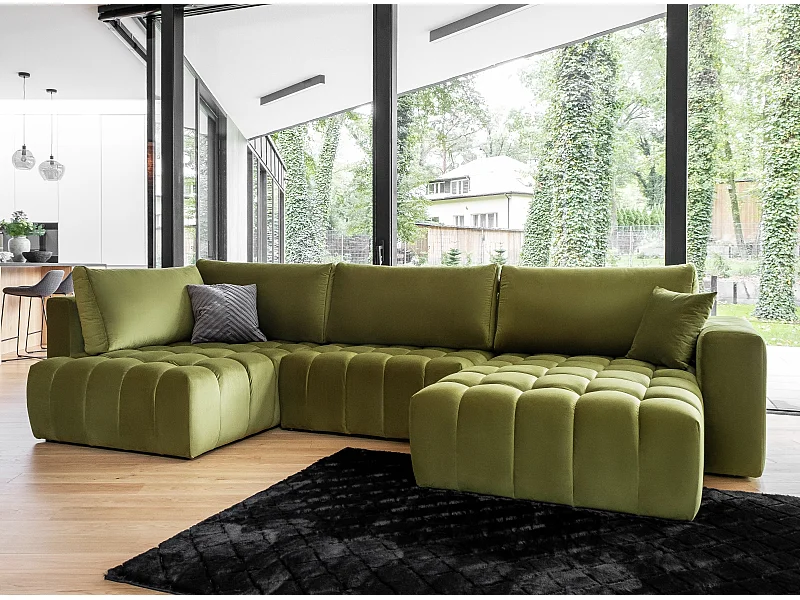 Panoramische converteerbare designbank gecapitonneerd kakigroen fluweel rechts chaise longue Boston 350 cm