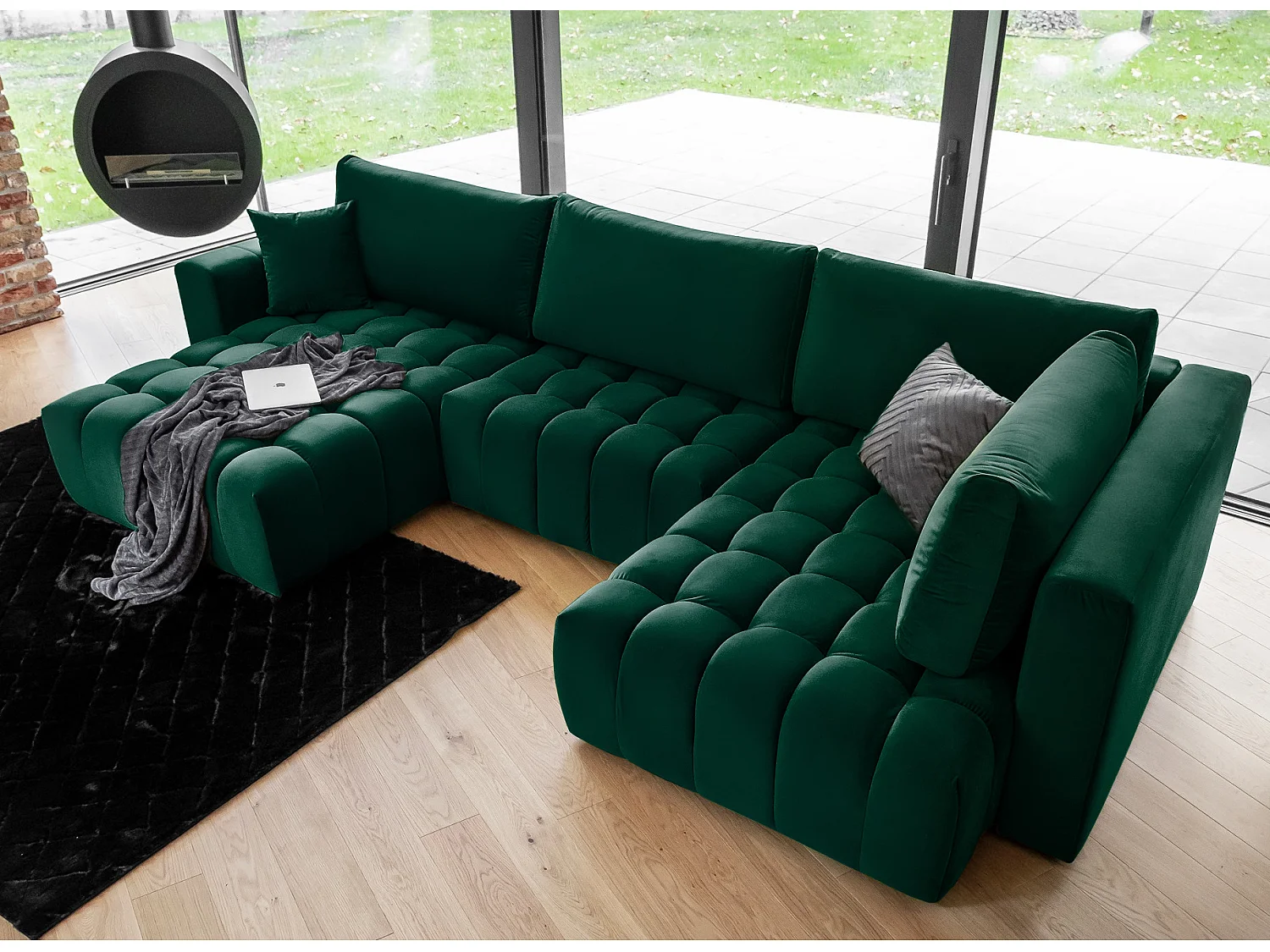 Canapé panoramique convertible design capitonné velours vert foncé méridienne gauche Boston 350cm