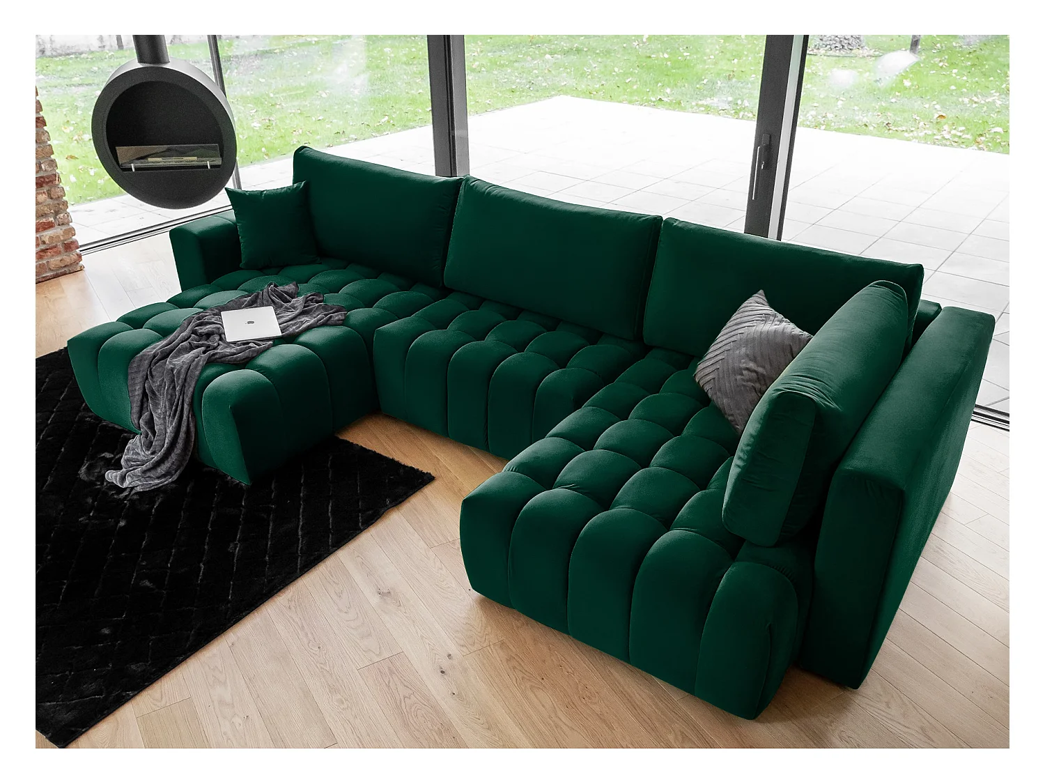 Canapé panoramique convertible design capitonné velours vert foncé méridienne gauche Boston 350cm