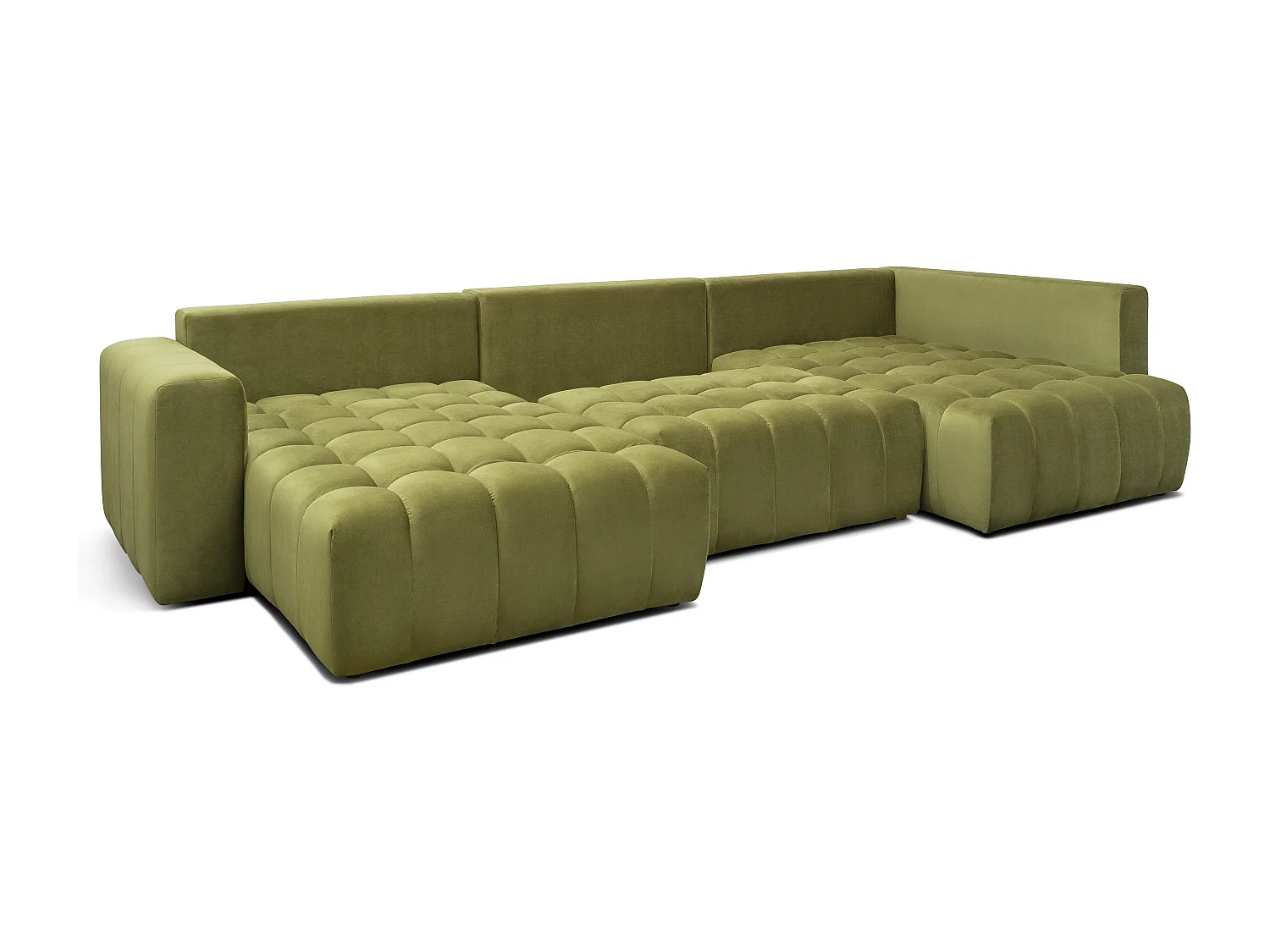 Panoramische converteerbare designbank gecapitonneerd donkergroen fluweel links chaise longue Boston 350 cm