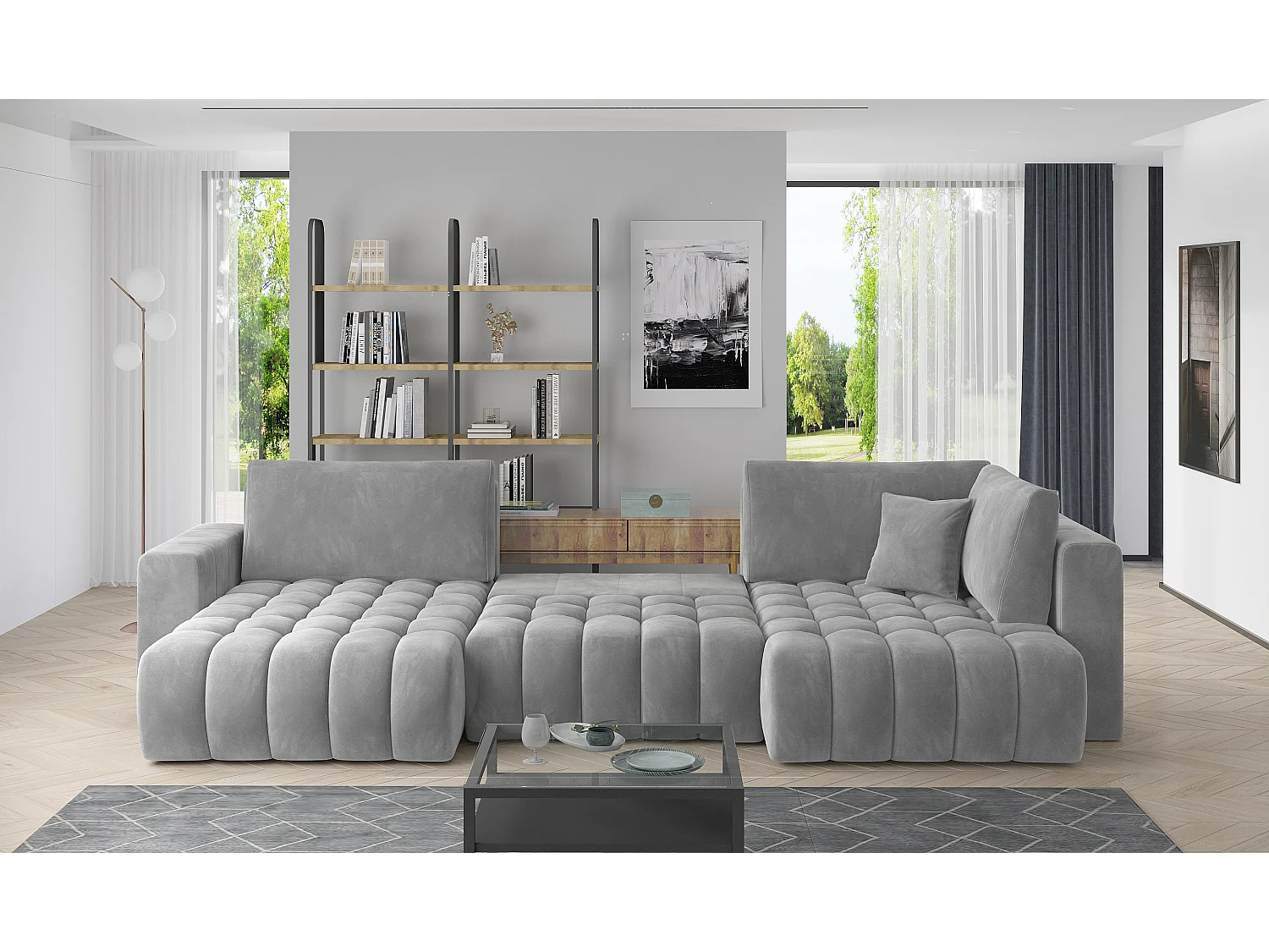 Panoramische converteerbare designbank gecapitonneerd donkergroen fluweel links chaise longue Boston 350 cm