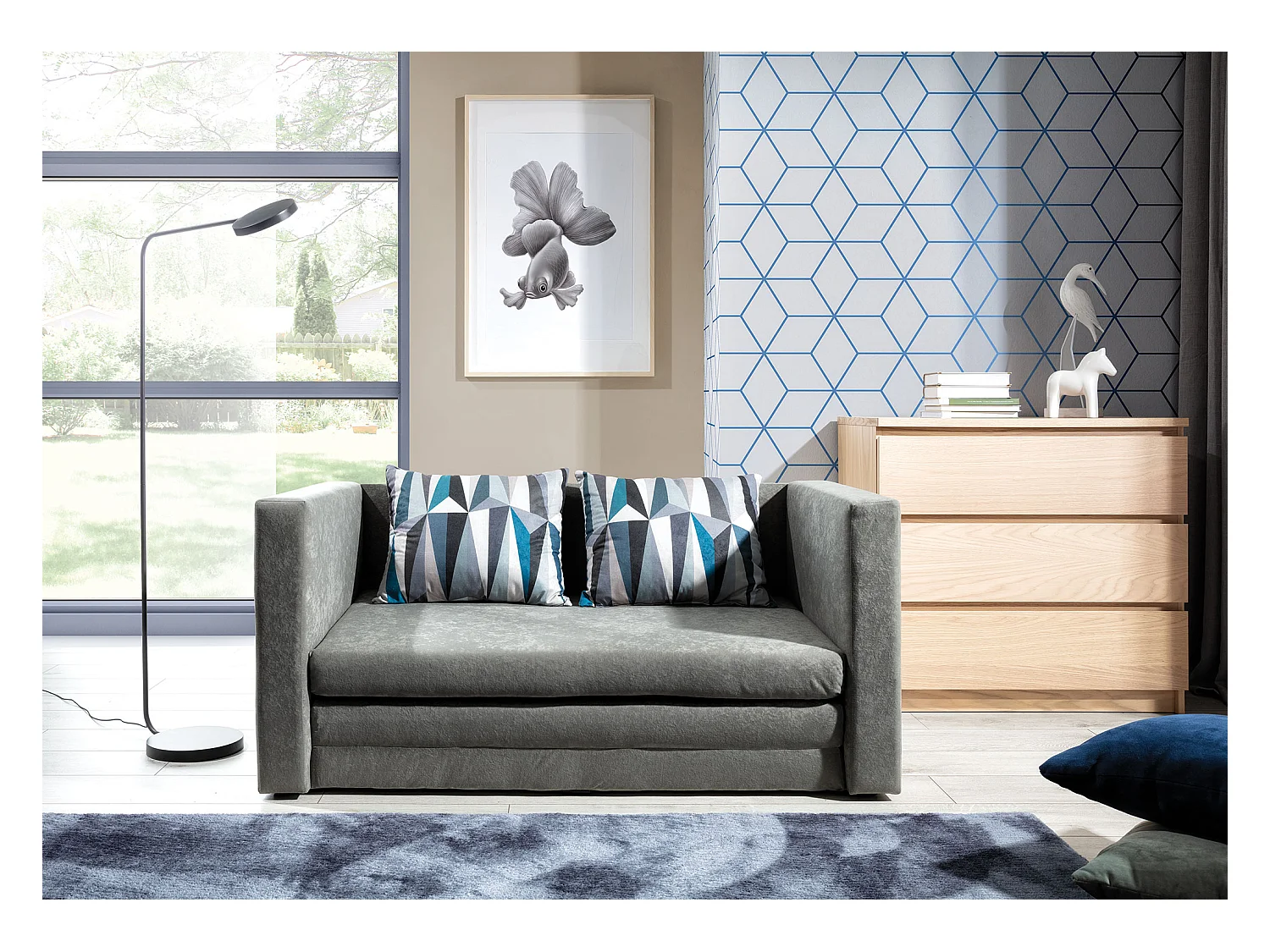 Petit canapé convertible tissu gris Mouva 132cm