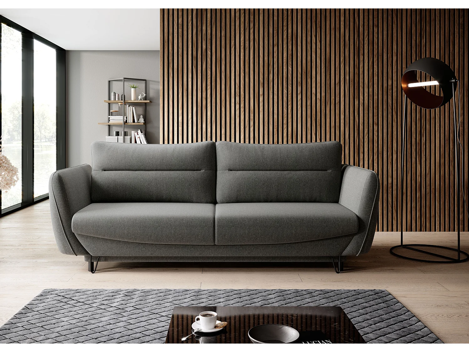 Sofá convertible recto de tela ZURIK - Caja de almacenaje y patas de metal negro-Color Gris jaspeado