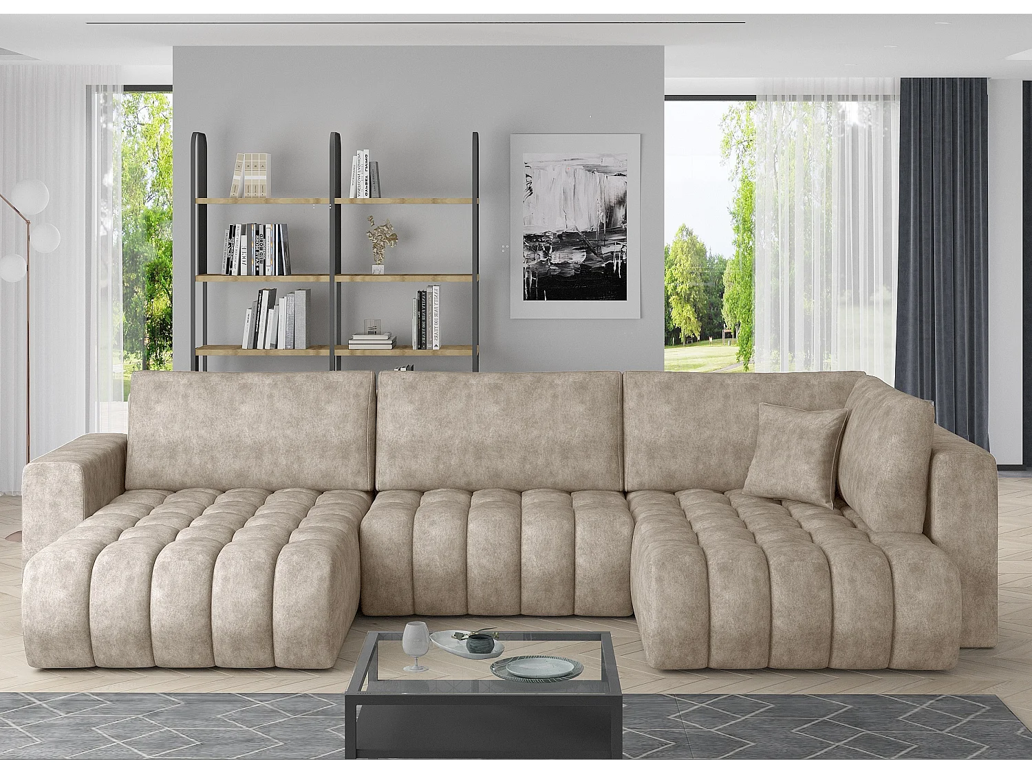 Canapé panoramique convertible design capitonné tissu effet cuir beige clair méridienne gauche Boston 350cm