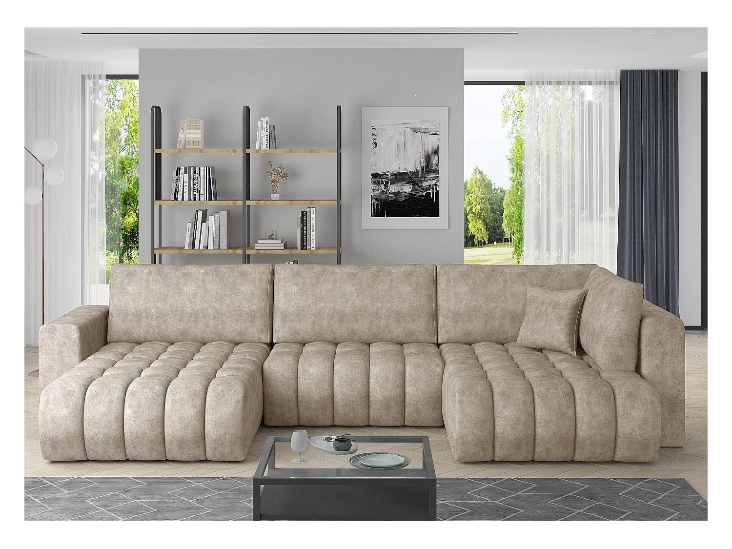 Panoramische converteerbare designbank gecapitonneerd lichtbeige stof leereffect links chaise longue Boston 350 cm