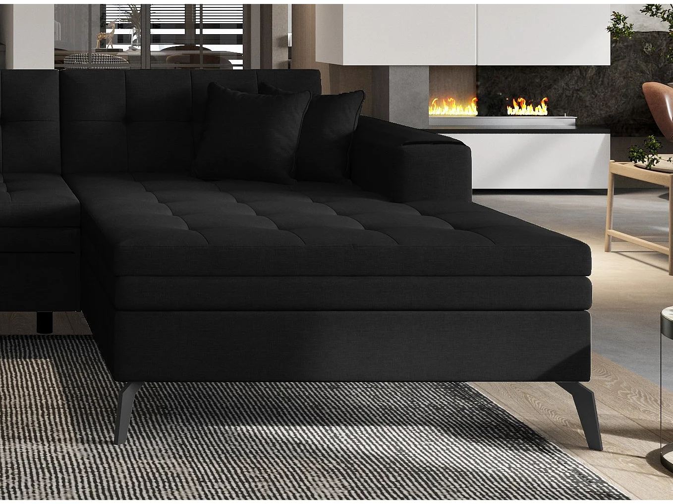 Canapé panoramique convertible droit tissu noir matelassé Bonty 340cm