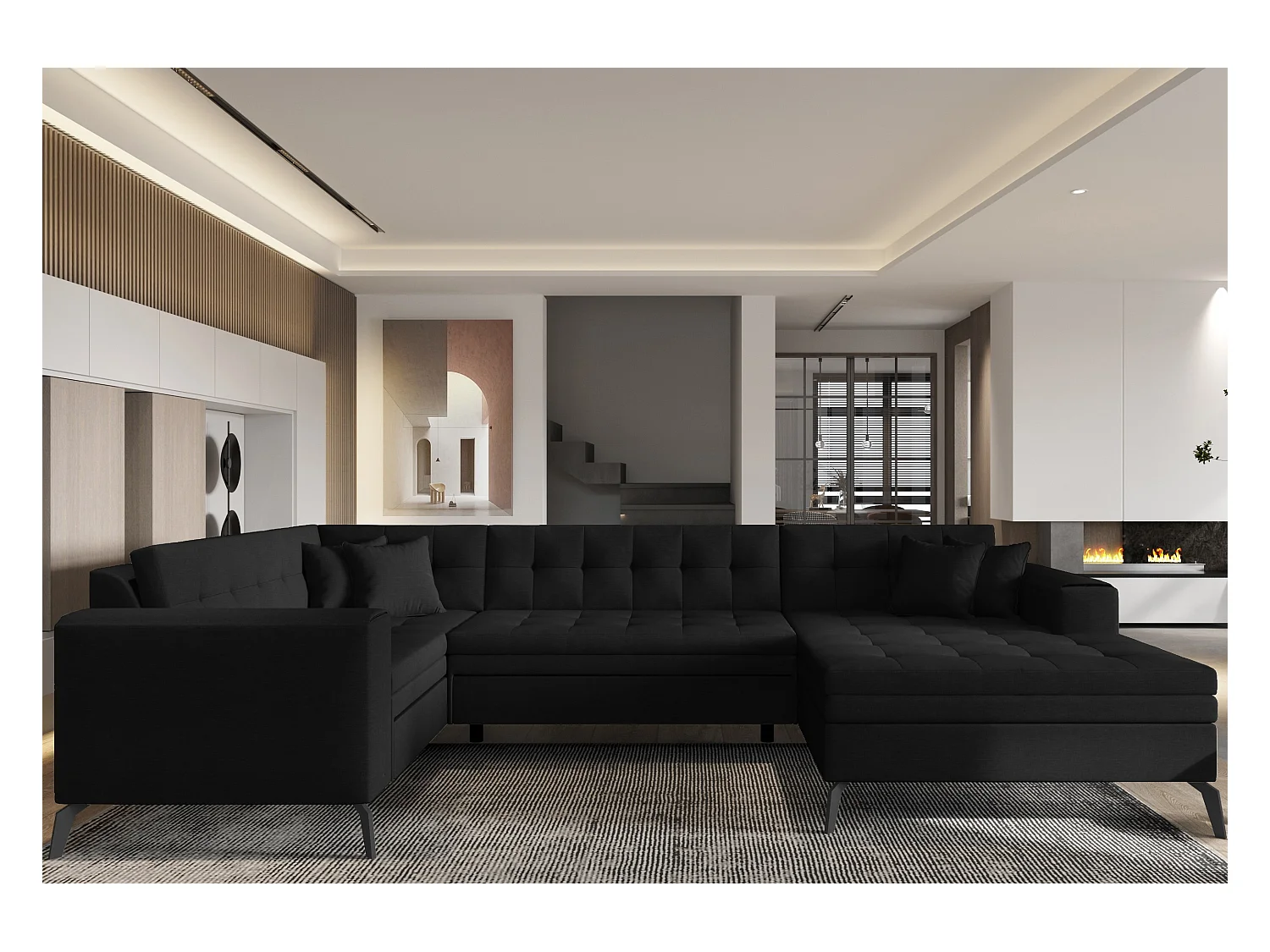 Canapé panoramique convertible droit tissu noir matelassé Bonty 340cm