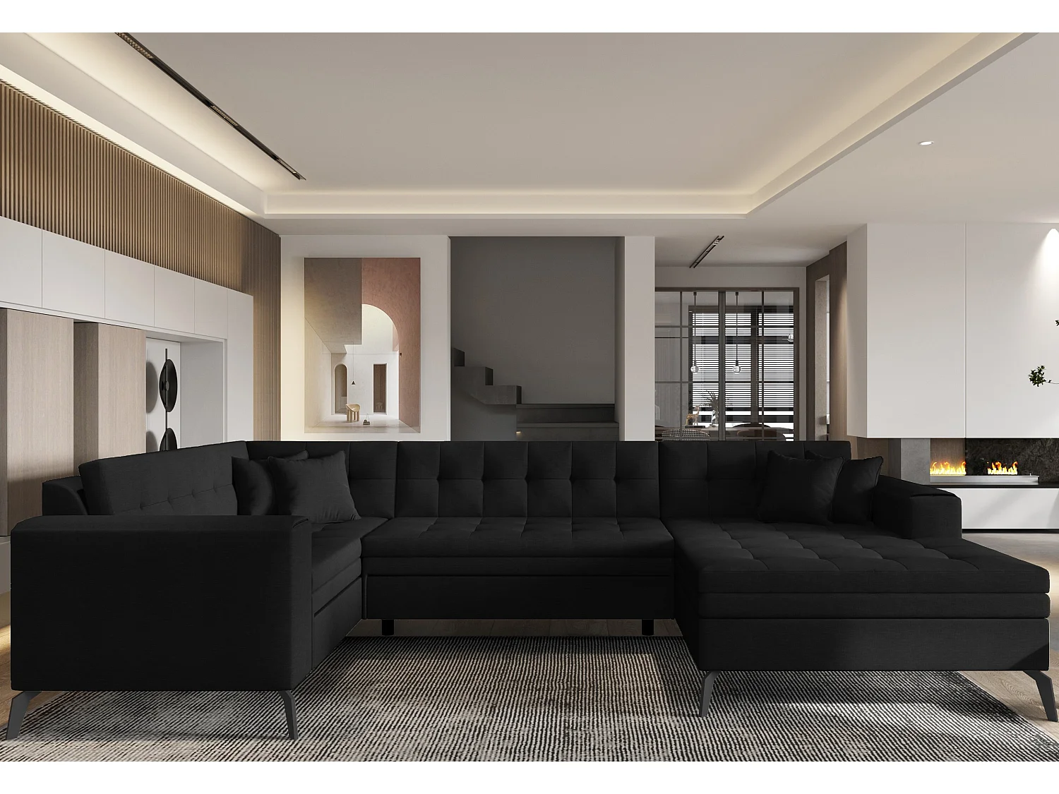 Canapé panoramique convertible droit tissu noir matelassé Bonty 340cm