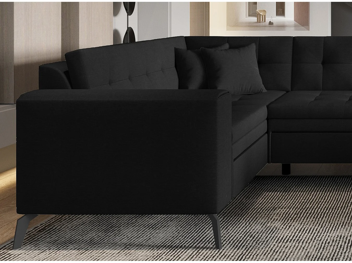 Canapé panoramique convertible droit tissu noir matelassé Bonty 340cm