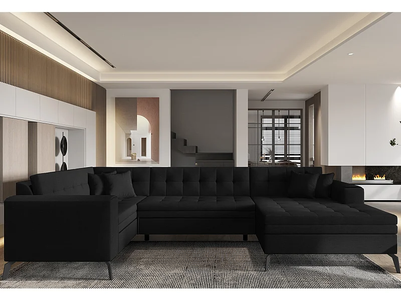 Canapé panoramique convertible droit tissu noir matelassé Bonty 340cm