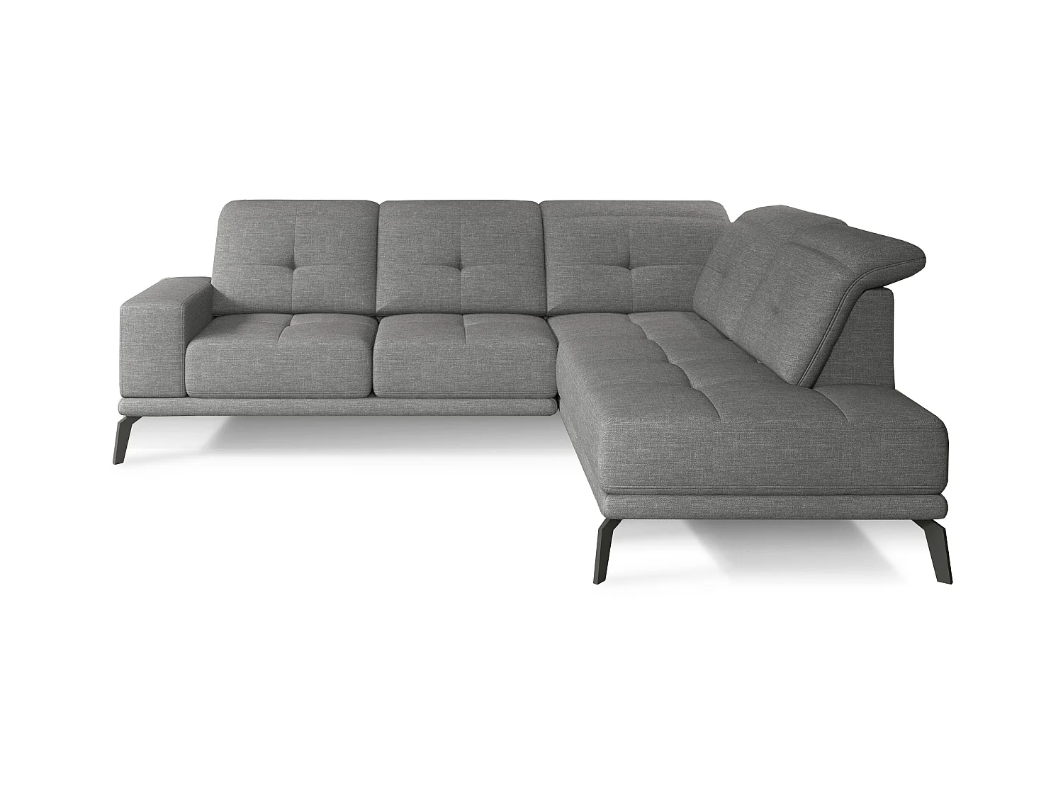 Canapé d'angle droit design matelassé tissu gris clair chiné et pied noir Kazane 275cm