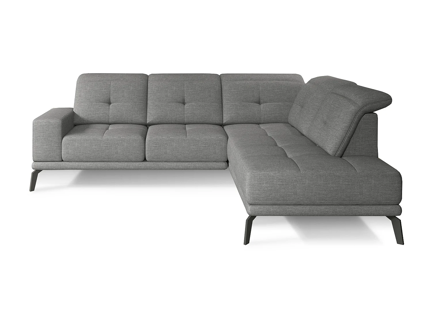 Canapé d'angle droit design matelassé tissu gris clair chiné et pied noir Kazane 275cm