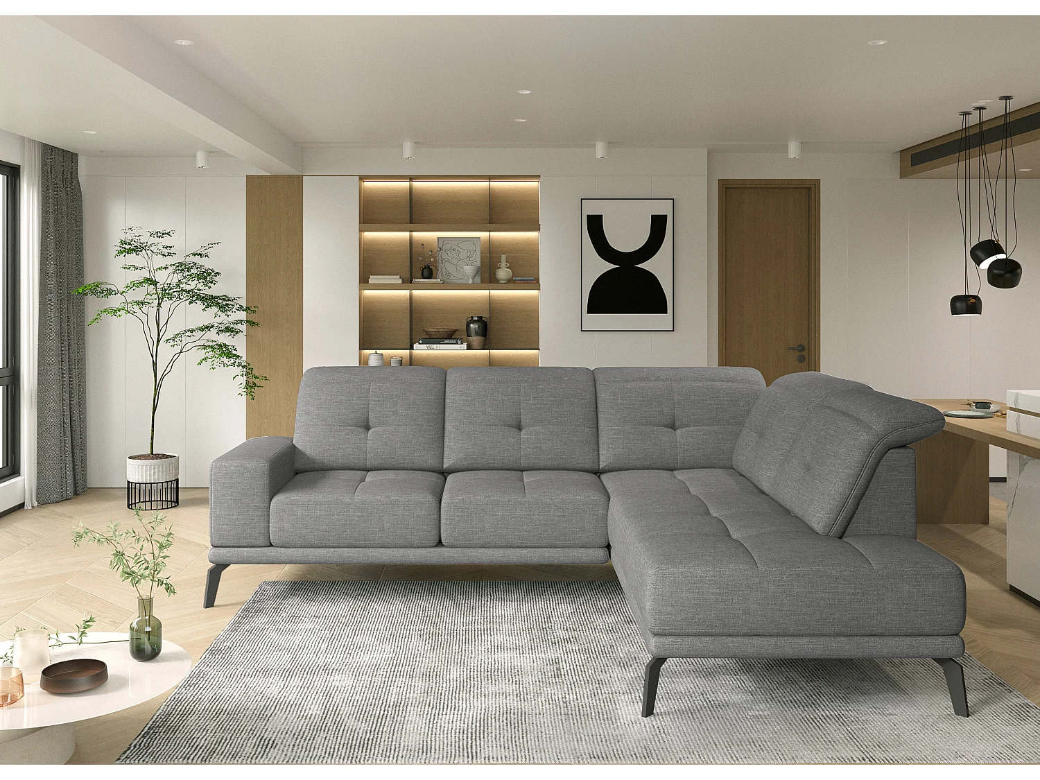 Canapé d'angle droit design matelassé tissu gris clair chiné et pied noir Kazane 275cm