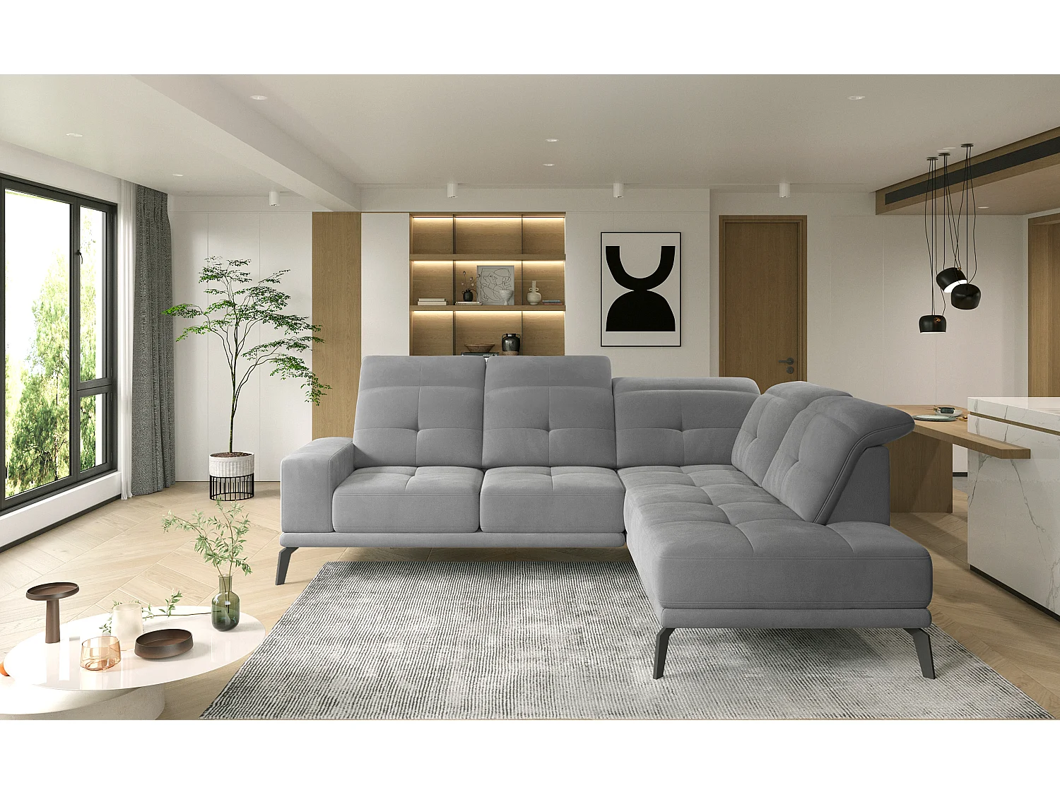 Canapé d'angle droit design matelassé tissu gris clair chiné et pied noir Kazane 275cm