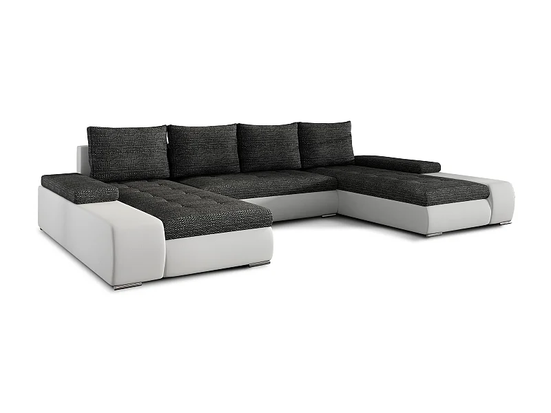 Grand canapé convertible panoramique design tissu gris chiné et simili cuir blanc avec coffre de rangement Tino 363cm