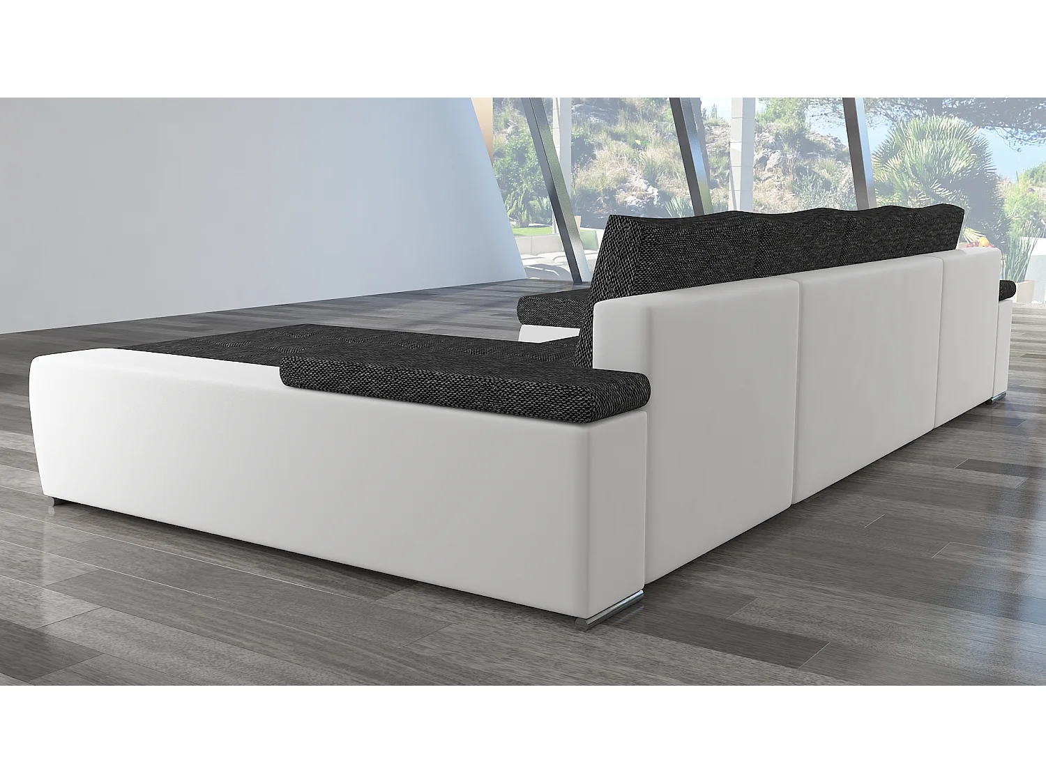 Grand canapé convertible panoramique design tissu gris chiné et simili cuir blanc avec coffre de rangement Tino 363cm