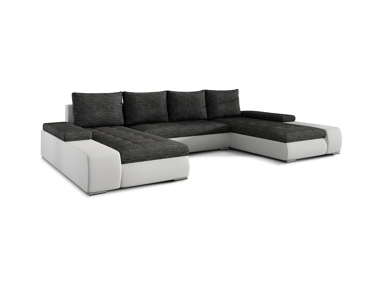 Grand canapé convertible panoramique design tissu gris chiné et simili cuir blanc avec coffre de rangement Tino 363cm