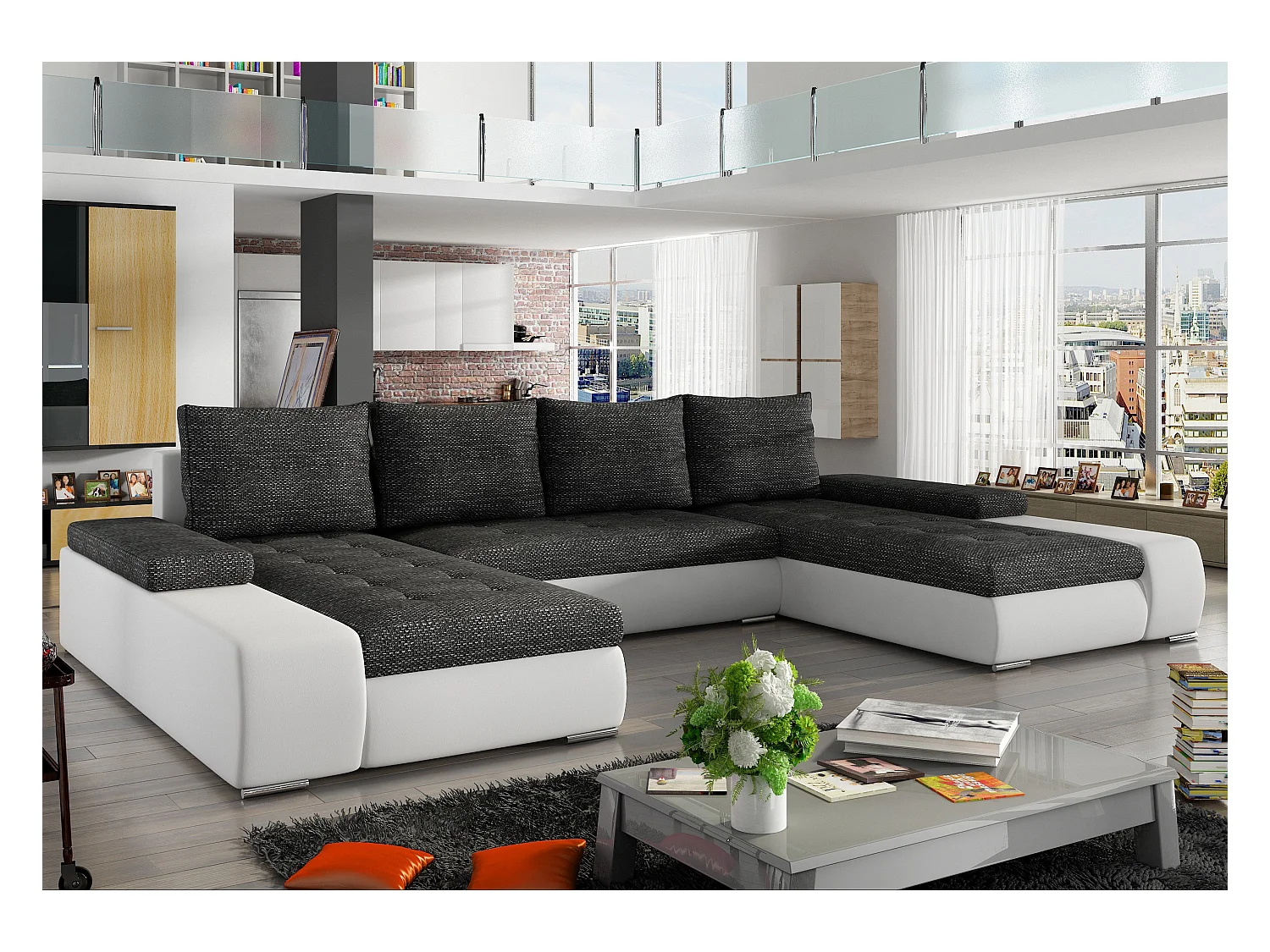 Grote design panoramische slaapbank in grijs gemêleerde stof en wit kunstleer met Tino opbergdoos 363 cm