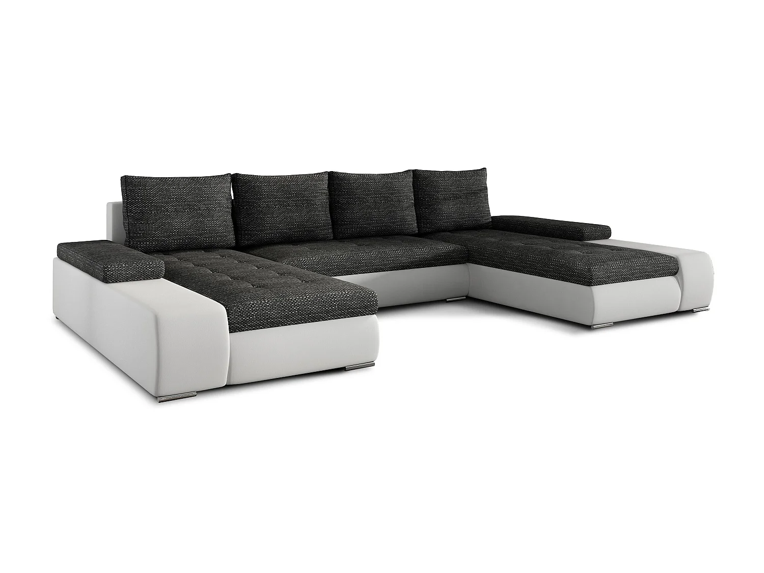 Grand canapé convertible panoramique design tissu gris chiné et simili cuir blanc avec coffre de rangement Tino 363cm