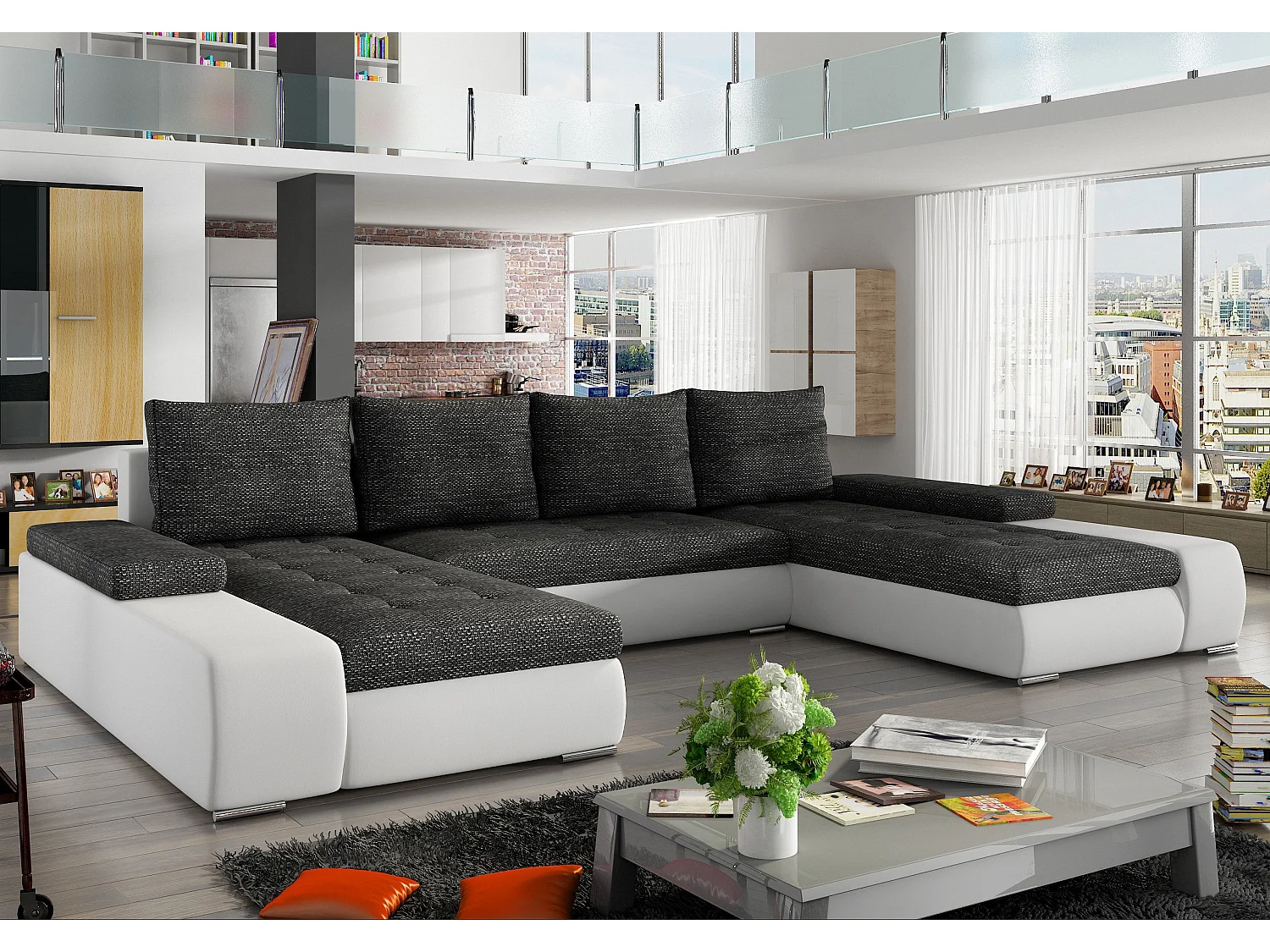 Grand canapé convertible panoramique design tissu gris chiné et simili cuir blanc avec coffre de rangement Tino 363cm