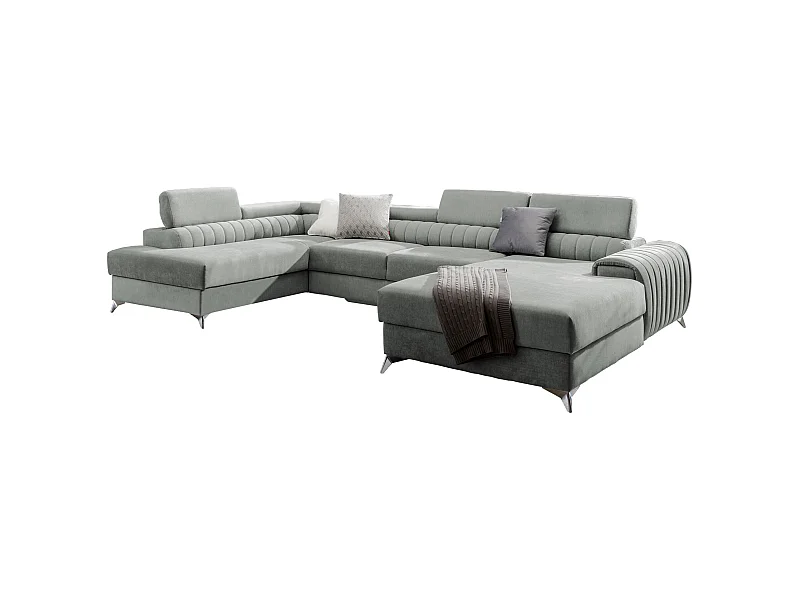 Canapé d'angle U tissu vert d'eau coffre de rangement à gauche Kalante 347cm