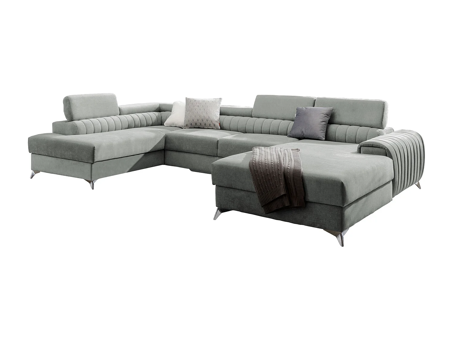 Canapé d'angle U tissu vert d'eau coffre de rangement à gauche Kalante 347cm