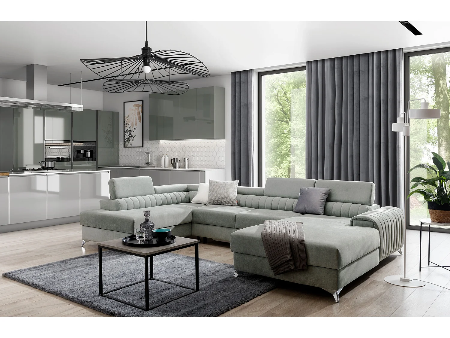 Canapé d'angle U tissu vert d'eau coffre de rangement à gauche Kalante 347cm